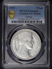 1931 Latvia Silver 5 Lati KM-9 PCGS AU Details Cleaned