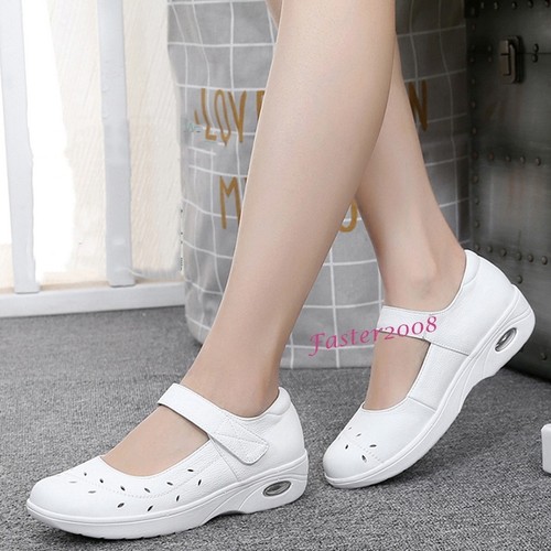 Zapatos planos transpirables de cuero blanco para mujer enfermera trabajo cuña de | eBay