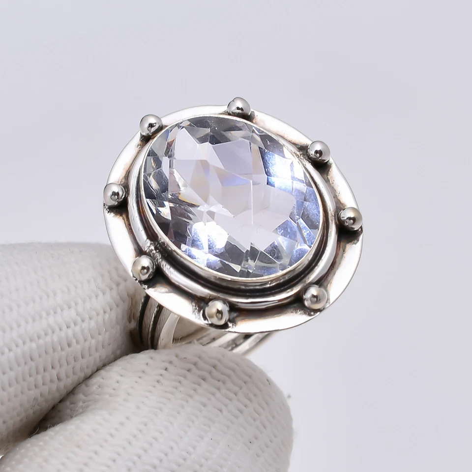 White Topaz Gemstone Solid 925 Sterling Silver Daily Wear Adjustable Ring, V4909 - Image 2 of 4