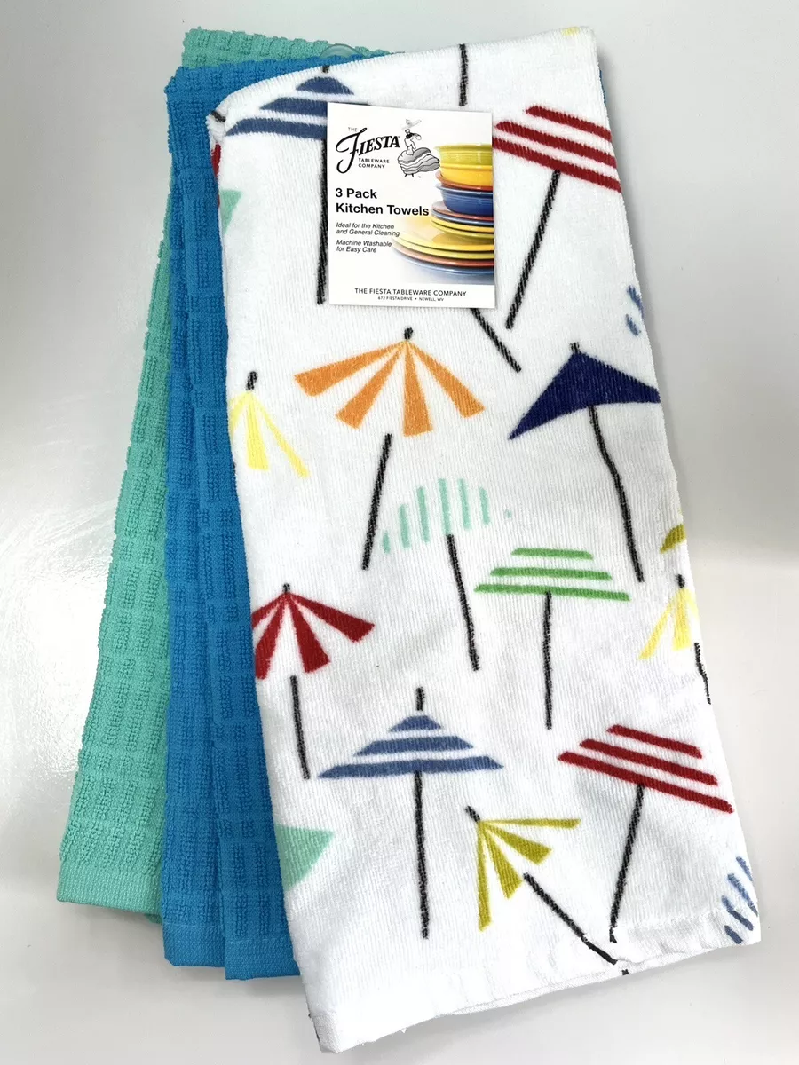 Fiesta 3 Pack Hand Dish Kitchen Towels Catch Some Shade Umbrella /Blue  /Aqua NWT