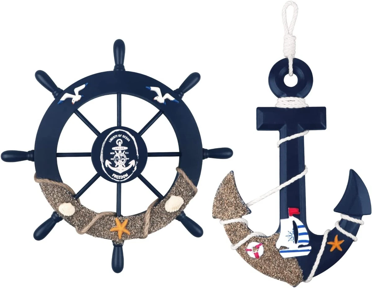 Home decor 2 Pack Nautical Beach Wooden Ship Wheel and Wood Anchor with  Rope