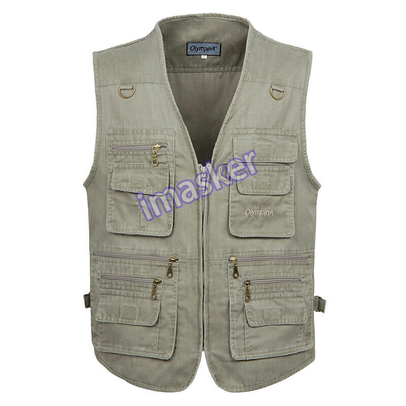 Men's Casual V-Neck Vest with Multiple Pockets and Zipper