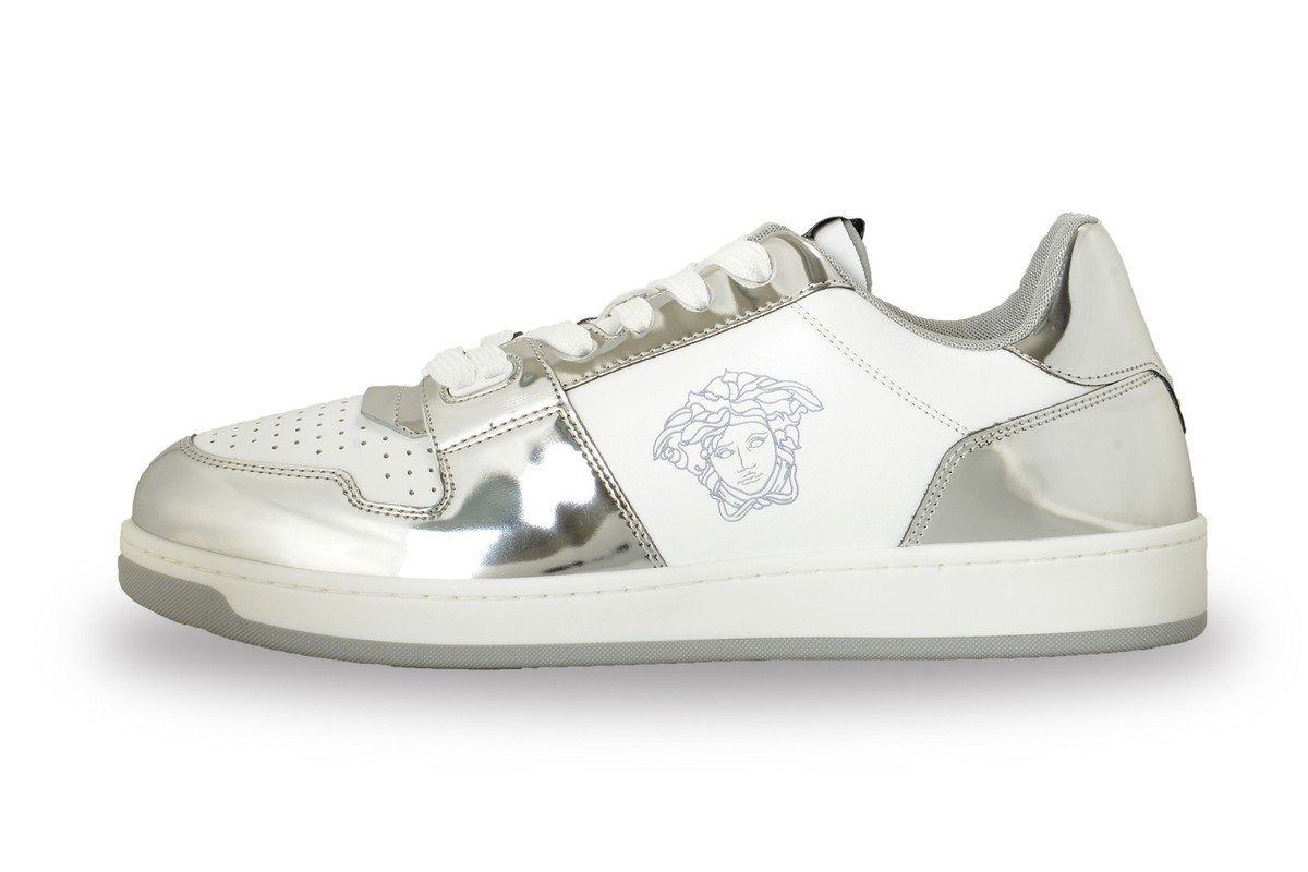 Versace Men's Medusa Logo White & Silver Leather Sneakers