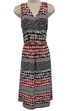 Kim Rogers Dress L Black Red Printed Jersey Faux Wrap Fit & Flare Knee Length