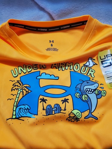 Under Armour Swim Youth Boy Size 6, Orange Swim Shirt UPF 50 Beach Graphic, NWT - Picture 10 of 10