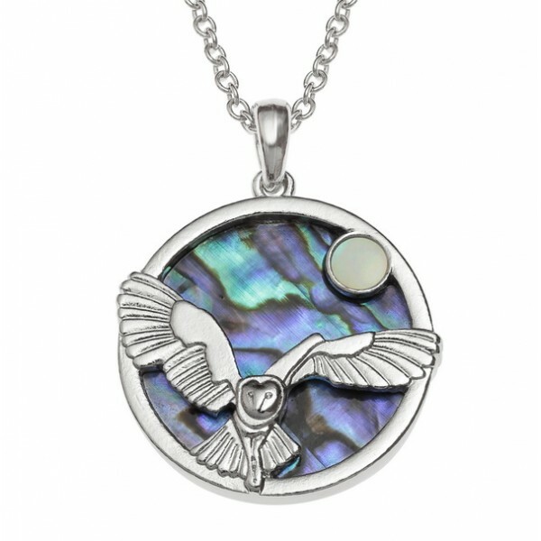 Barn Owl Moon Pendant Necklace Paua Abalone Shell Fashion Jewellery Boxed Tide