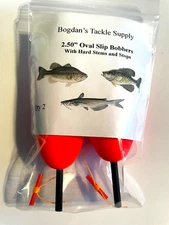 2pk 2.50" Red Slip Bobber, Oval Float Hard Stems & Stops. Panfish, Bass, Catfish