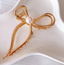 Women Sparkling Rhinestone Bow Hair Claw With Crystal And Pearl Hair Clip