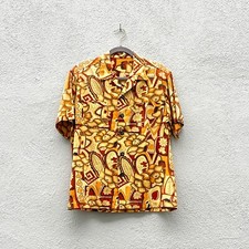Vintage 50s Men's Yellow Hawaiian Tropical Tiki Cotton Short Sleeved Shirt Large