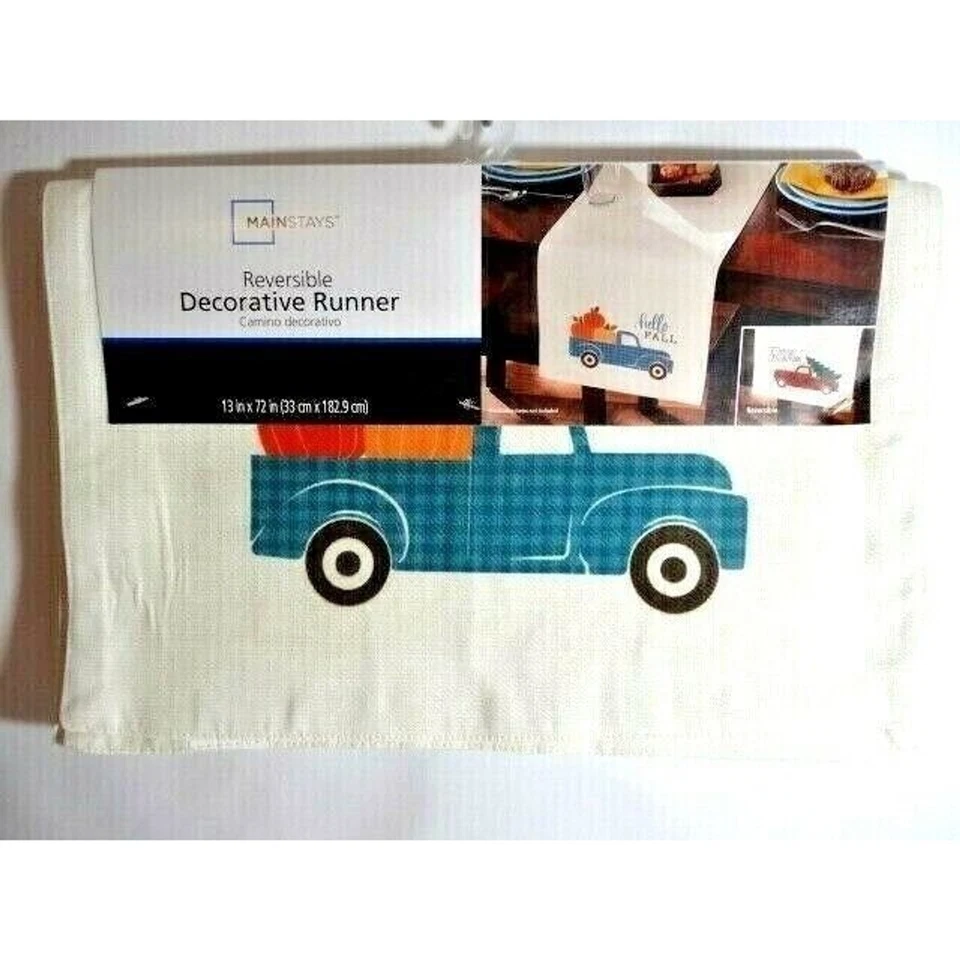 Hello Fall Table Runner Blue Truck Pumpkins Christmas Tree Reversible Cotton NWT - Image 2 of 2