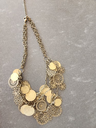 Bronze Tone Bib Egyptian Revival Necklace coin Statement Pendant Round Dangly - Picture 3 of 5