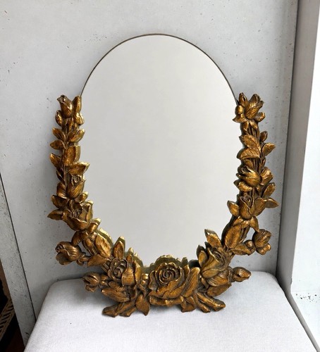 Vintage Syroco Wood Oval Floral Gold Vanity/Tabletop Mirror Freestanding Stand