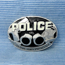 Police Belt Buckle Serve And Protect Handcuffs Gun  Badge Vintage 90s .B180