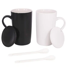 16oz Set of 2 Ceramic Coffee Mug with Lid and Spoon, Milk Cup Classic Mug Dri...