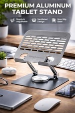 Adjustable Tablet Stand with 360 Rotating Base, Aluminum Dual-Rod Support,Silver