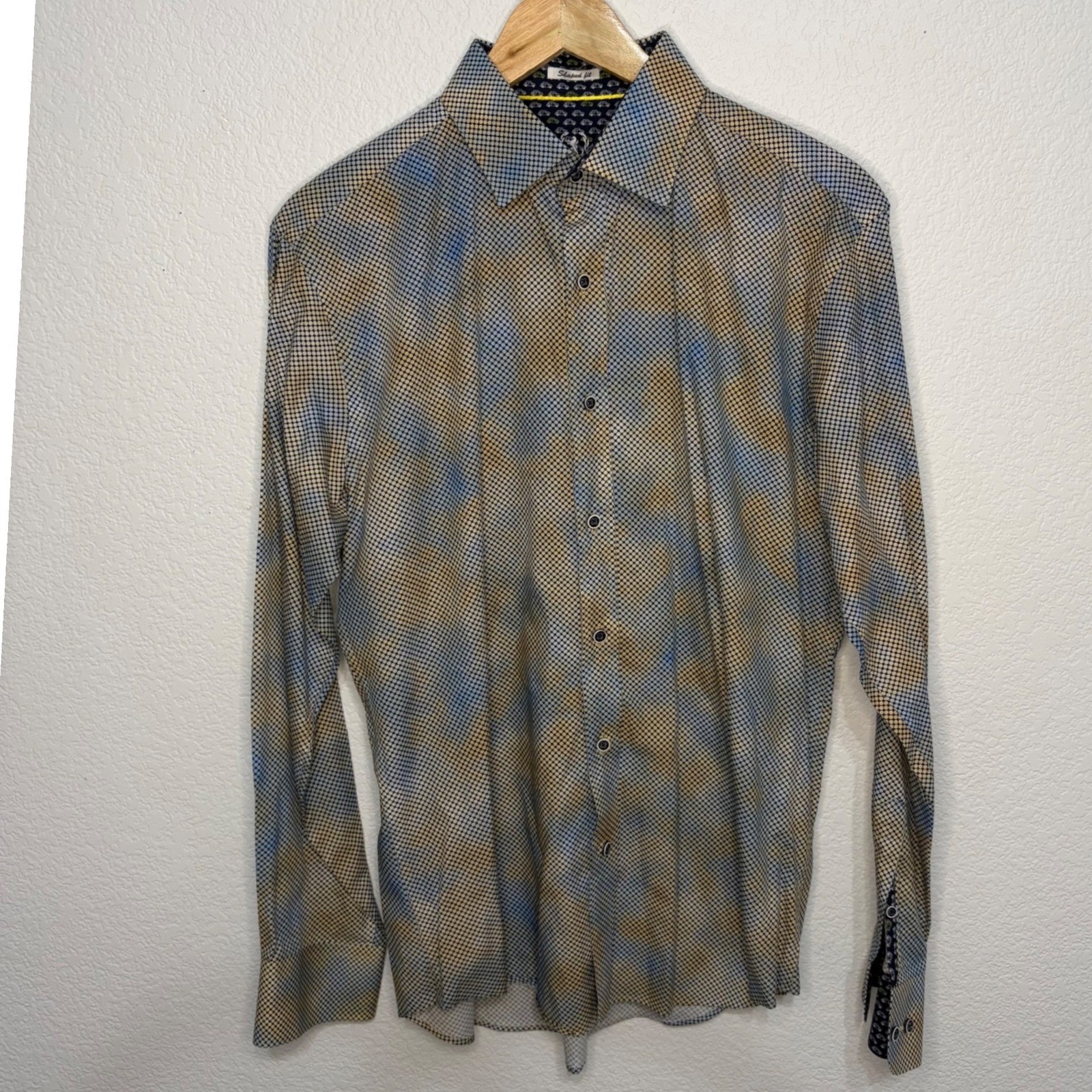 Bugatchi Uomo Mens Shaped Fit Long Sleeve Button Down Shirt Tan Blue Micro Dot M