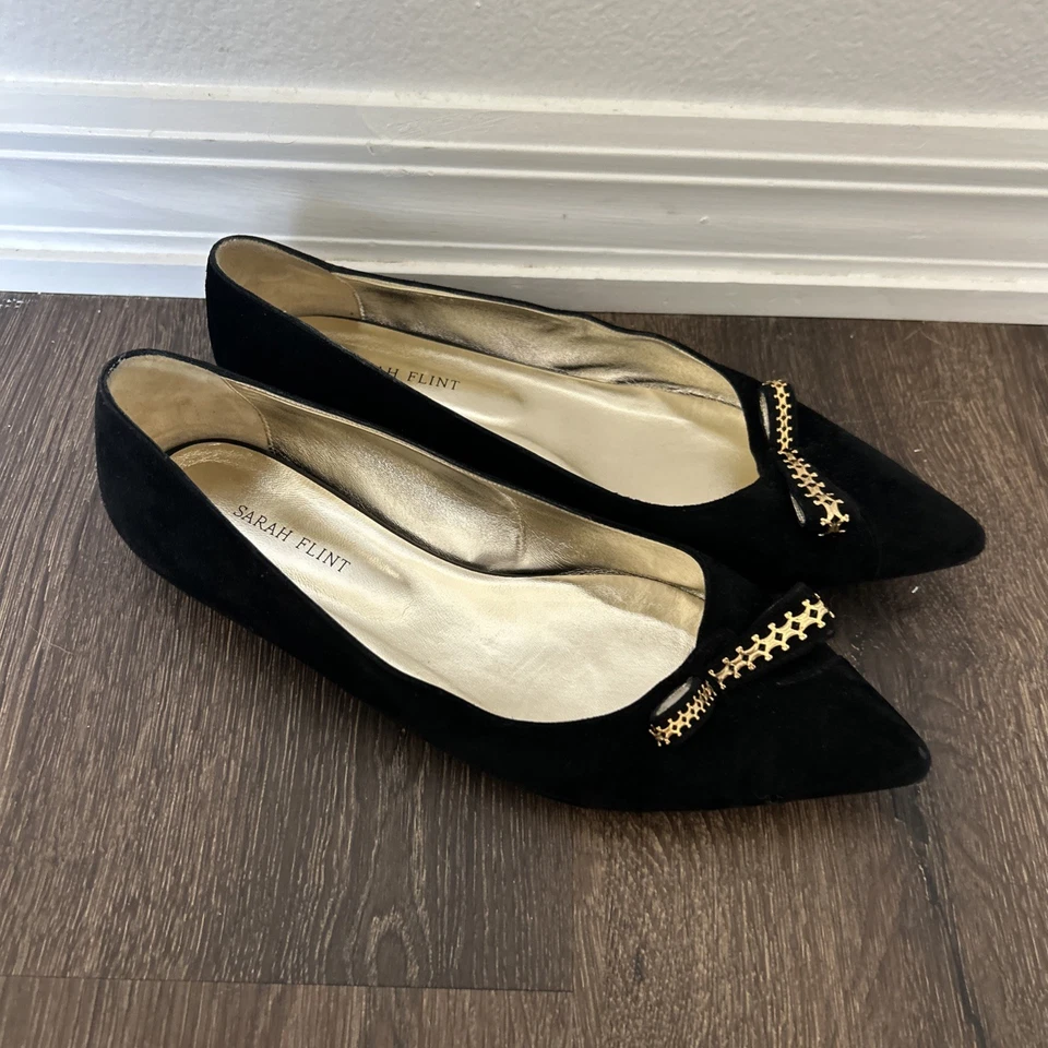 Bailarina Sarah Flint Natalie lazo planos cuero negro dorado sin cordones 40,5 EE. UU. 9,5 Foto 2 de 4