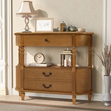 Side Table with Three Drawers and Storage Shelf, Solid Wood Legs