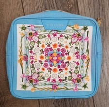 Estee Lauder Cosmetic Makeup Bag 7x7x1.5 Zippered Blue/White Flower Motif