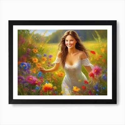 Mädchen im Blumenfeld Kunstdruck gerahmt Wandbild Poster Leinwanddruck Bild