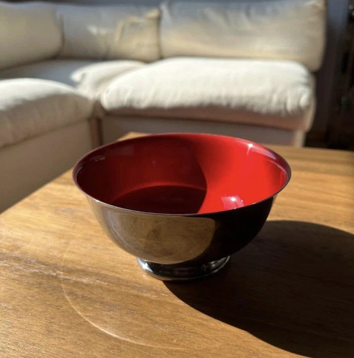 Покрытая серебром чаша Revere Reed & Barton No1120 с красной эмалью на ножках диаметр 6,5 дюйма x 3 дюйма T - Изображение 2 из 4