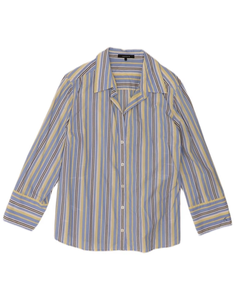 Camisa feminina JAEGER manga 3/4 Reino Unido 16 grande listrada azul algodão DN05 - Imagem 3 de 4