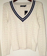 Lauren Ralph Lauren Women  s Ivory/Navy Striped Cable-Knit V-Neck Pullover L