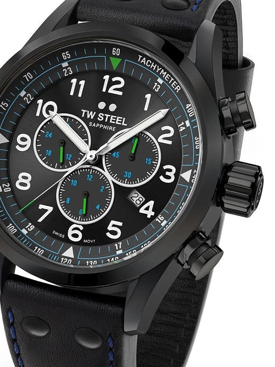 TW 美品 TWスティール 48mm パイロット クロノグラフ 青 レザー TW403 