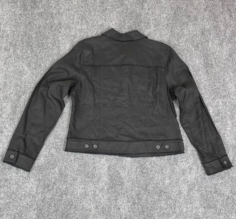 Tommy Bahama Two Palms 100% Linen Jacket Women Raw Edge Trucker Black Size XL - Image 3 of 4