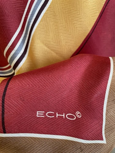 Echo Vintage Silk Scarf Made in Japan Red Gold Brown Geometric Stripe #A124 - Picture 2 of 9