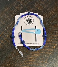 Beaded Hair Clip Blue Glass  Clay Beads with silver tone Feather Hippie Beads