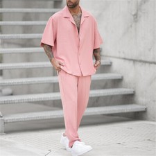 Mens Summer Outfit 2-Piece Set Short Sleeve Shirt and Trousers Sweatsuit Set