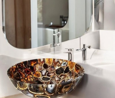 15'' Natural Agate Stone Sink   Handcrafted Vanity Basin for Modern Bathroom Deco