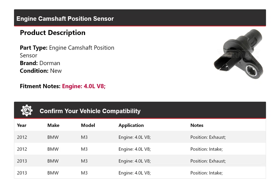 Sensor de posición del árbol de levas del motor Dorman 4,0 L V8 2012-2013 BMW M3 Foto 2 de 4