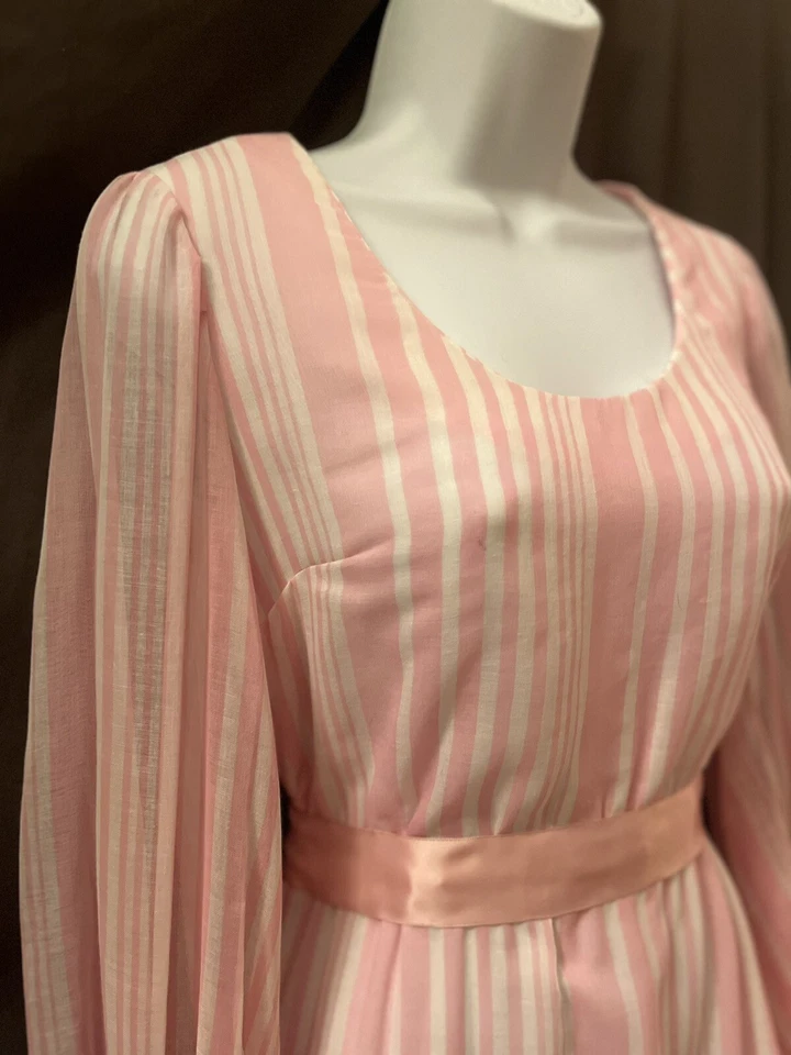 VTG Pink White Striped Cotton Victorian Edwardian Prairie Prom Maxi Dress SZ M - Image 3 of 4