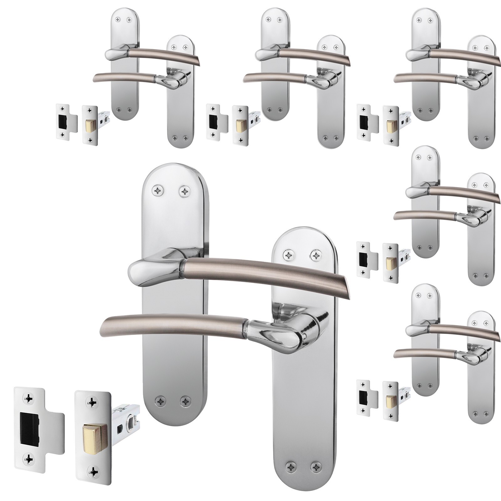 Internal Door Handle & Latch Set, Polished Chrome & Satin Nickel - 6 Pack