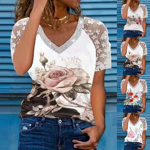 Womens Lace V-Neck T-Shirt Tops Ladies Short Sleeve Summer Casual Looose Blouse - Picture 4 of 26