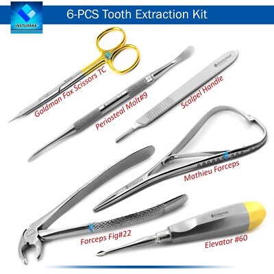 6-PCS Basic Tooth Extraction Kit Mathieu Needle Holder Elevator #60 Scissors