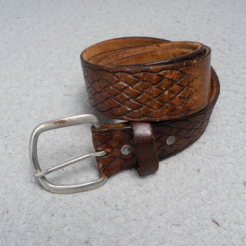 Vintage Brown Leather Tooled Belt Sz 38 "Ellis" Name Silver Buckle Cowhide USA