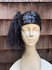 Vintage Black Wool Hat Cloche Cap Sequins Ostrich Feathers Sm 6 7/8 So Very SF