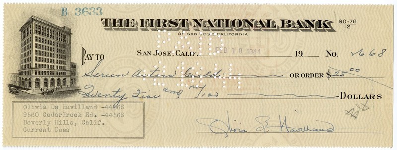 Olivia de Havilland Signed Check 1944 + Handwritten Note + Salary Statements +