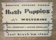 Hush Puppies Pigskin Shoes hanging 2 sided 3 piece wood advertising sign 12x8.5"