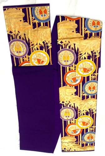 Japanese Vintage Kimono Fukuro Obi Silk Purple Traditional Embroidery 163 x12 in