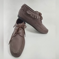 Vintage Ankle Boots Moccasin Flats 8.5 Fringe Leather Brown Lace-up Hard Sole