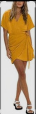 MUSTARD YELLOW SHORT SLEEVE WRAP DRESS SIZE LARGE