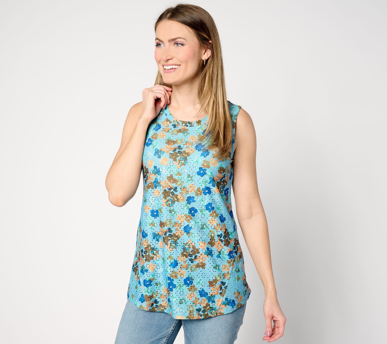 Farmers Defense Women's Top Sz M Printed Eyelet Tank Blue A648341