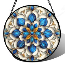 Stained Glass Window Hanging Blue and White Abstract Flowers Suncatcher for ...