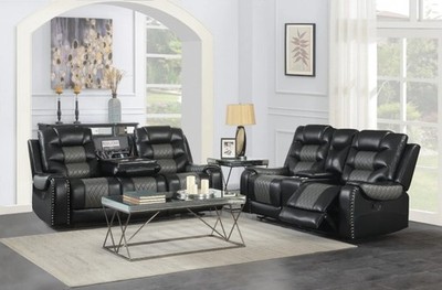 NEW Two-Tone 2PC Black Sofa Loveseat 4-Recliner Rustic Leather Living Room Set