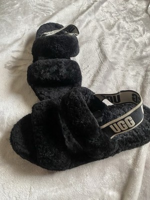 UGG Fluff Yeah Black Women's Shearling Slide Slippers with Logo Strap Open Toe