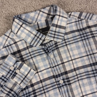 Hart Schaffner Marx Large Mens Blue Plaid Cotton Linen Stretch Button Down Shirt